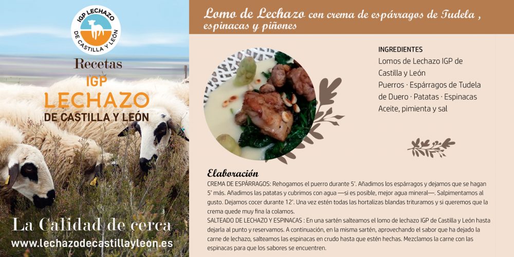 Lomo de Lechazo con crema de espárragos de Tudela espinacas y piñones